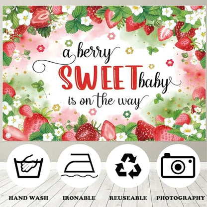 Fabric 6x4ft Strawberry Baby Shower Backdrop A Berry Sweet Baby is on The Way Photography Background Strawberry Girl 1st Birthday Newborn Party Decorations Banner Kids Adults Photo Shoot Props - size: 6x4ft(WxH)