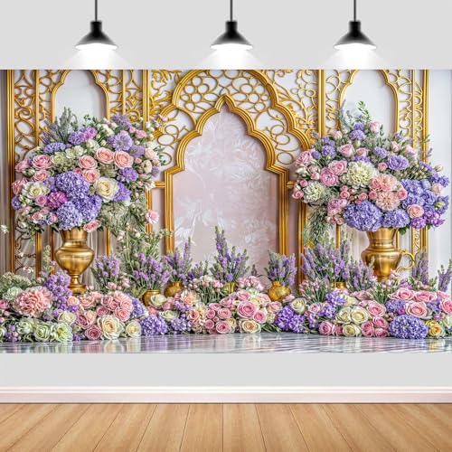 6X4ft Arabian Moroccan Party Backdrop, Moroccan Purple Floral Luxurious Golden Palace Wall Photo Backdrop for Princess Wedding Birthday Baby Shower Party Background Decorations Photo Studio Props,3 - color: Multi3, size: 6 x 4 ft