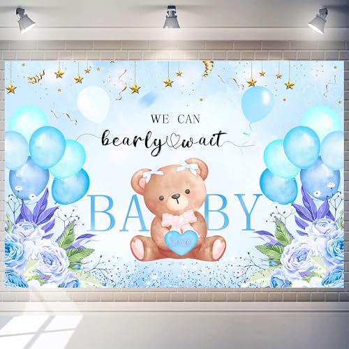 We Can Bearly Wait Backdrop 7 x 5 ft Blue Boho Baby Shower Background Boy Gender Reveal Decorations for Newborn Baby Baptism Birthday Party Banner Photography Props Supplies - color: Boy, size: 82”x59”
