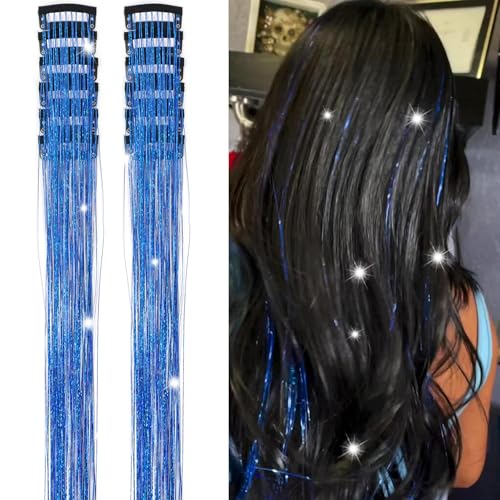 Hair Tinsel Clip in 12 Pcs Glitter Tinsel Hair Extensions 20 Inch Fairy Hair Clip in Hair Tinsel Heat Resistant Sparkly Hair Accessories for Girls Women Kids (Blue) - color: Blue