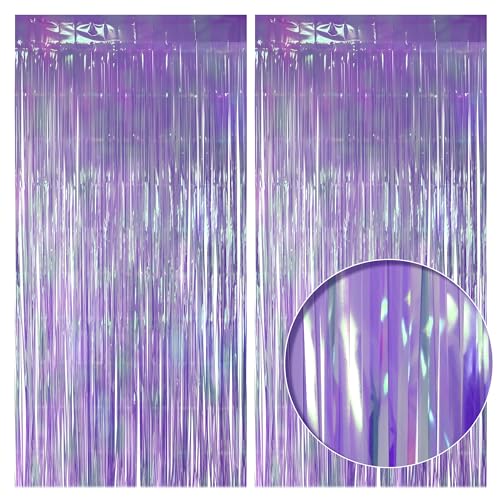 2 Pack Purple Iridescent Streamers Backdrop, 3.3x6.6ft Foil Fringe Curtains Lavender Holographic Door Tinsel Streamers for Birthday, Wedding, Holiday, Bachelorette, Theme Party Decorations - color: Purple, size: 2 Pack