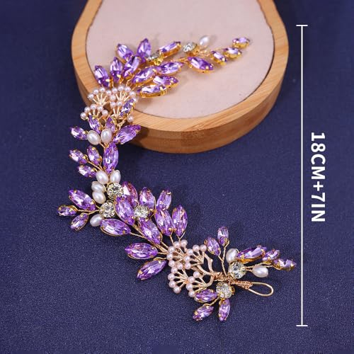 Adjustable Flower Crown Headband for Women - Floral Garland Hair Wreath with Crystal Accents Perfect for Weddings Flower Wands Photo Props (Purple Beaded CZ, Adjustable) - color: Purple Beaded CZ