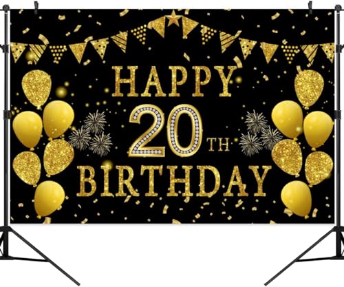 5x3ft Happy 20th Birthday Party Photography Backdrop, Glitter Black and Gold Balloons Background for Woman Man 20 Bday Shining Diamond Twenty Years Old Birthday Party Supplies - color: 20th, size: 5x3ft