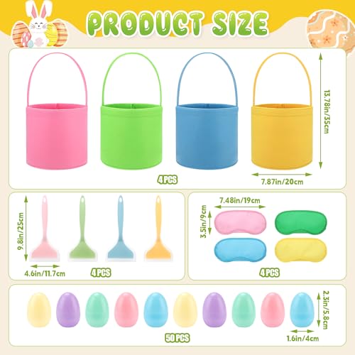 4 Set Easter Outdoor Party Games Easter Eggs Scoop Challenge Bucket for Family with 4 Bucket 4 Scoop 4 Eye Mask and 50 Easter Egg Bucket Blind Egg Challenge for Holiday Party
