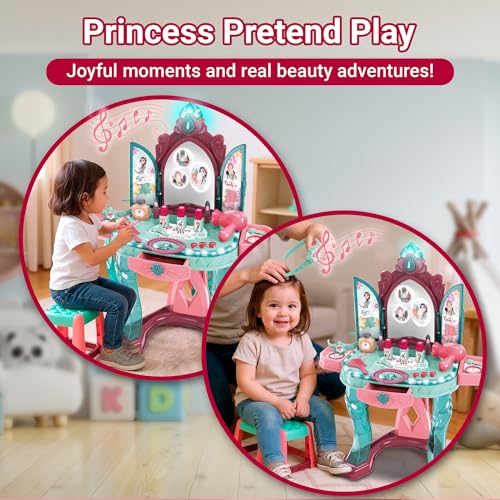 Toddler Vanity Table for Girls — Princess Makeup Playset with Light & Sound Mirror, Magic Sensor, Stool & Accessories, Pretend Beauty Toy for Ages 3+