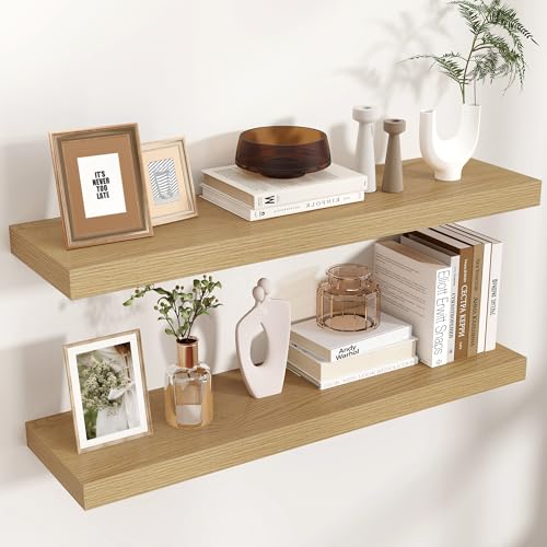 Venusmiles Floating Shelves for Wall, Engineered Wood Wall Shelves with Invisible Brackets for Living Room Bedroom Bathroom Office Kitchen Decor and Storage (Oak, 36" W x 9" D x 1.5" H) Set of 2 - color: Natural Oak, size: 36"W, Set of 2