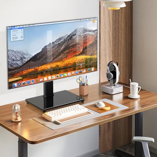 Rfiver Universal Swivel Tabletop TV Stand for Flat Screens 23 24 26 32 39 40 42 43 Inch, Heavy Duty Center Pedestal Stand Replacement with Black Tempered Glass Base and Height Adjustable Mount - size: 19-43 inch