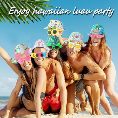 NICOWARM 6pcs Luau Fedora Hats, 6pcs Luau Party Sunglasses for Adults, with Luau Patterned includeing Flamingo, Pineapple, Photo Booth Props for Summer, Beach, Luau, Pool, Hawaiian Themed Parties