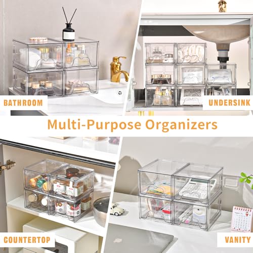 Stebopum 6 Pack Stackable Makeup Organizer, 4.4'' Tall Acrylic Bathroom Makeup Organizer and Storage Drawer with Pull-out Handle, Clear Plastic Storage Bins for Vanity,Pantry,Desk,Undersink,Kitchen - style: 6pack Small