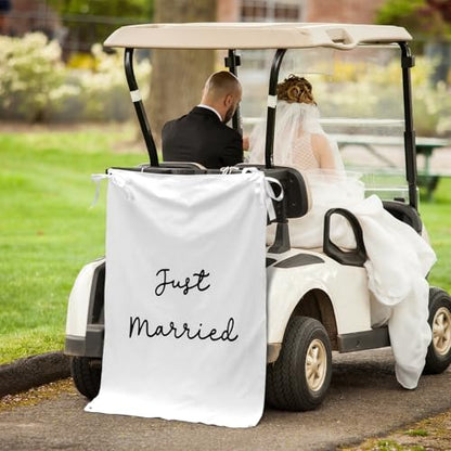 Oudain 29x39 Inch Just Married Burlap Banner, Wedding Fabric Backdrop with Ribbons and Hooks, Rustic Boho Photo Props Sign for Wedding Marriage Party Indoor Outdoor Wall Hanging Decoration - size: 29x59 Inch, style: Just Married