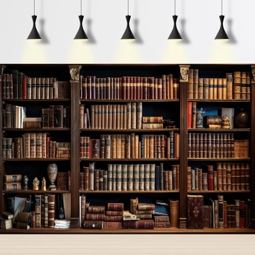 Wooden Bookshelf Backdrop Library School Books Collection Photography Background Retro Classical Bookshelf Backdrop Decorations for Students Teacher Artistic Photo Booth Shooting Studio Props 10x8ft - color: Dark Brown, size: 10x8ft
