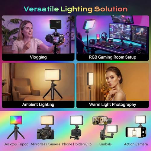 RGB Video Light, Portable Camera Light, 3100mAh with 1/4” Cold Shoe Adapter CRI95+ LED Fill Light, 0-359° Hue, 2500K-9000K CCT, 20 Effects, 140 LEDs for TikTok, Vlogging, Photography - color: RGB