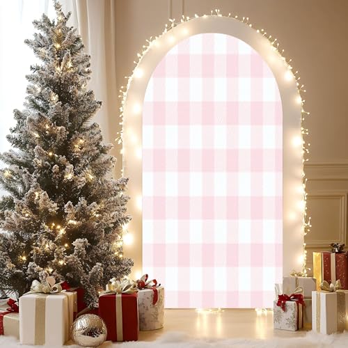 Wedding Arch Backdrop Cover 6.6FT Pink White Plaid Texture Seamless Fabric Checkered Gingham Spandex Fitted Arch Cover Round Top Stands Cover for Birthday Party Ceremony Banquet Decoration - size: 6.6x3.3 FT