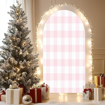 Wedding Arch Backdrop Cover 7.2FT Pink White Plaid Texture Seamless Fabric Checkered Gingham Spandex Fitted Arch Cover Round Top Stands Cover for Birthday Party Ceremony Banquet Decoration - size: 7.2x4 FT