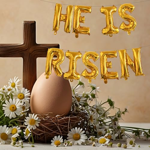 Easter-Balloon He Is Risen Gold Letter Balloons 9PCS 16in Foil Banner Easter Spring Party Decoration Celebration Mantle Fireplace Wall Backdrop Supply