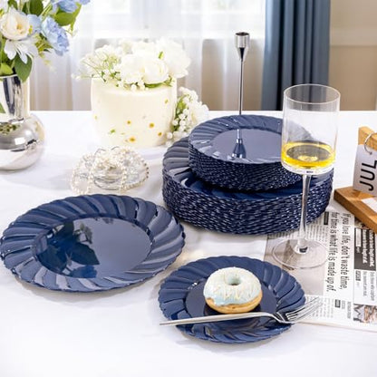 U-QE 60 Pcs Blue Plastic Plates for Party – Scalloped Blue Plates Disposable Heavy Duty – Include 30 10.25" Dinner & 30 7.25" Dessert Plate - Perfect for Parties, Weddings - color: Blue