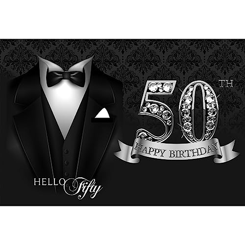 5x3ft Photography Backdrop for Man 50th Birthday Party Decor Black Necktie Suit Tuxedo Silver Diamonds 50th Happy Birthday Background Luxury Hello Fifty Birthday Party Cake Table Banner - color: black silver 50, size: 5x3ft