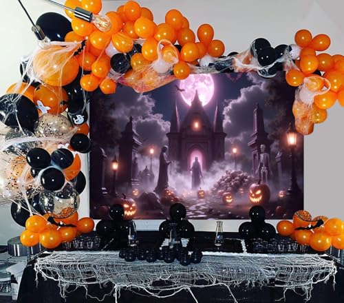 10x10ft Halloween Backdrops for Photography Spooky Full Moon Gothic Graveyard Halloween Photo Backdrop for Photoshoot Bats Skeleton Cemetery Background Hallows' Eve Party Decorations - color: Purple, size: 10x10ft