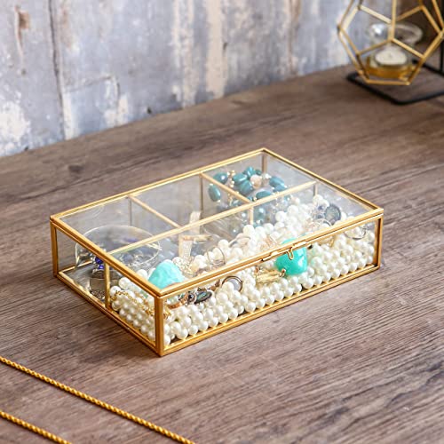 Vintage Glass & Brass Jewelry Box with 4 Compartments - Makeup Organizer, Cosmetic and Treasure Display Case, Elegant Storage Box for Vanity