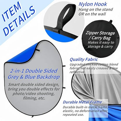 5 * 6.5 Ft Collapsible Backdrop Gray Blue Pop Up Screen with Carrying Bag, Double Sided Foldable Backdrop Portable Background for Photography Auditions Headshots Gaming Streaming Video Calls - color: Gray Blue