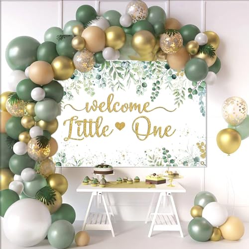 Mocsicka Greenery Baby Shower Banner - Welcome Little One Neutral Baby Shower Decorations Background, Eucalyptus Greenery Leaves Boy Girl Party Photo Props