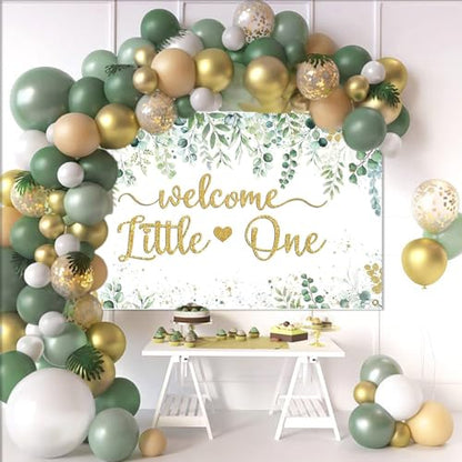 Mocsicka Greenery Baby Shower Banner - Welcome Little One Neutral Baby Shower Decorations Background, Eucalyptus Greenery Leaves Boy Girl Party Photo Props