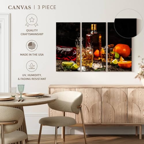 ElephantStock - Citrus Whiskey And Cigar Wall Art - Horizontal Multi Panel Canvas - 3 Piece Living Room Wall Decor - Photography Food And Drink Multi Piece Wall Art - Brown And Gray Decor - 38" x 24" - size: 38L" x 24W"