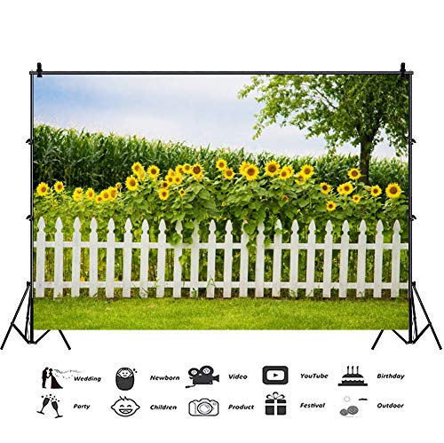 Leyiyi Spring Natural Scenery Backdrop 5x4ft Photography Backdrop Blossoming Yellow Sunflowers Tall Lush Tree White Wooden Textured Fence Family Children Baby Girl Personal Portraits Studio Props - size: 5x4ft