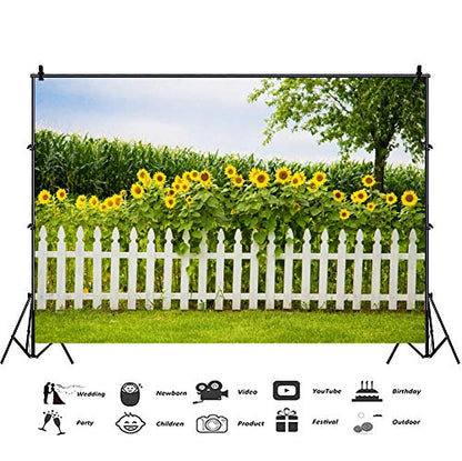 Leyiyi Spring Natural Scenery Backdrop 10x7ft Photography Backdrop Blossoming Yellow Sunflowers Tall Lush Tree White Wooden Textured Fence Family Children Baby Girl Personal Portraits Studio Props - size: 10x7ft