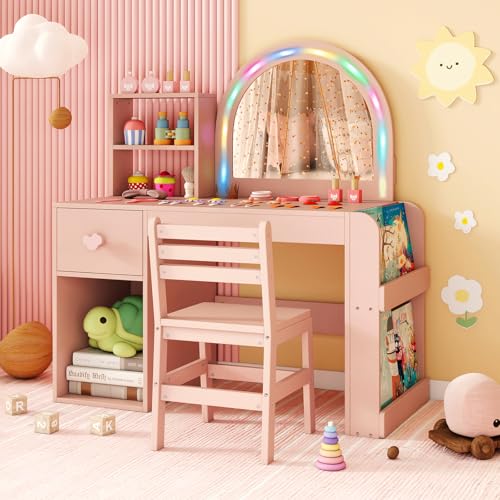 Costzon Kids Vanity, Girls Vanity Set with Lighted Mirror, Bookshelf, Drawer, Storage Cabinet & Shelves, Toddler Makeup Vanity Desk Dressing Table, Wooden Kids Vanity Table and Chair Set (Pink) - style: Pink with Bookshelf