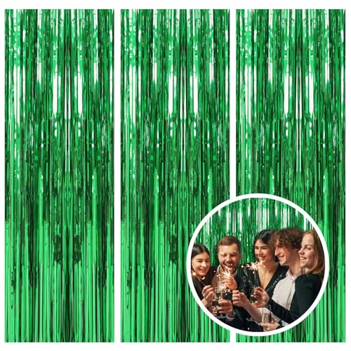 3 Pack Green Backdrop Tinsel Curtain Party Streamers Jungle Party Decorations Foil Fringe Green Backdrop for Birthday Christmas Dinosaur Animal St Patrick's Day Football Party Decorations - color: Green