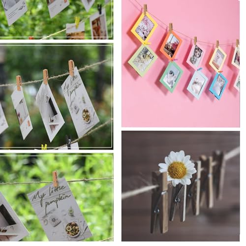 Small Clothes Pins for Photos,100PCS Mini Wooden Clothes Pins with 328 Feet Jute Twine,1.4 inch Tiny Clothes Pins for Photos,Crafts,Hanging Pictures,Baby Shower,Clip Photo Holders - color: Brown