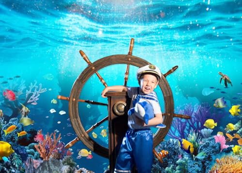 Under The Sea Backdrop 9x6ft Underwater World Blue Ocean Deep Sea Sunlight Seabed Aquarium Photography Background Tropical Fish Turtle Coral Diving Birthday Party Photo Studio Props - color: Blue1, size: 9x6ft