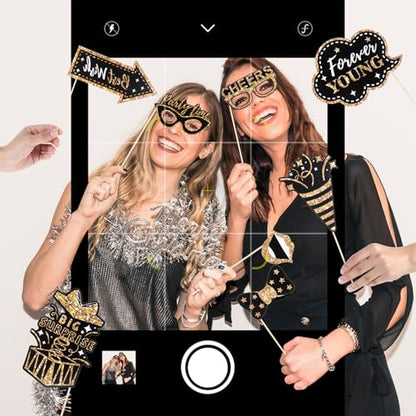 cobee 36 Pack Birthday Photo Booth Props Kit, Happy Birthday Party Favors Selfie Supplies Funny Bday Photobooth Prop with Sign Decorations for Wedding Holiday Christmas New Year, Gold-Black