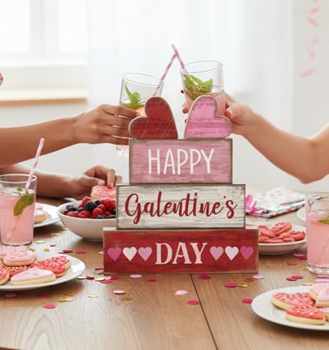 Yuntau 5 Pcs Happy Galentines Day Decorations Wooden Hearts Table Centerpiece Happy Galentines Day Party Table Sign for Valentines Tiered Tray Desk Mantle Shelf Decor - style: Hearts