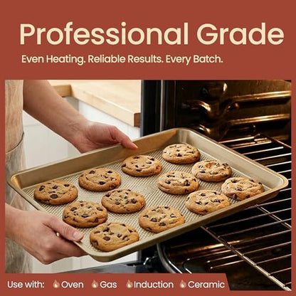 Diamond Bottom Cookie Sheet Set of 3, Nonstick Gold Carbon Steel Baking Pans for Crisp Baking, Space-Saving Stackable Trays, PFOA, PFOS, PTFE Free, Oven Safe Up to 450°F, Small, Medium & Large Sheets - color: Gold, size: Pack of 3