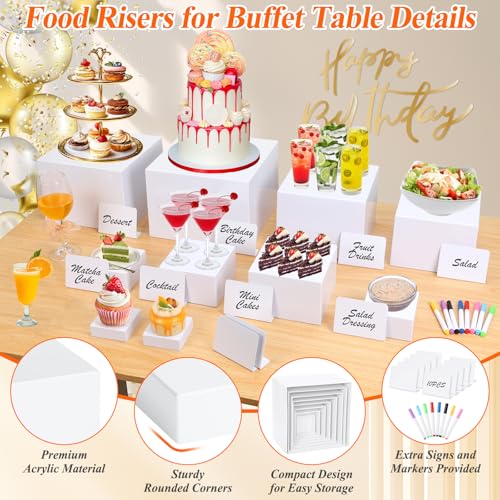 10 Pcs White Acrylic Buffet Risers with Mini Sign and Marker, Food Display Stands for Buffet Table Party Catering Dessert Jewelry Collectibles, Acrylic Cube Nesting Boxes with Hollow Bottoms 8 Sizes (10" 9" 8" 7" 6" 5" 4" 4" 3" 3") - size: 10" 9" 8" 7" 6"