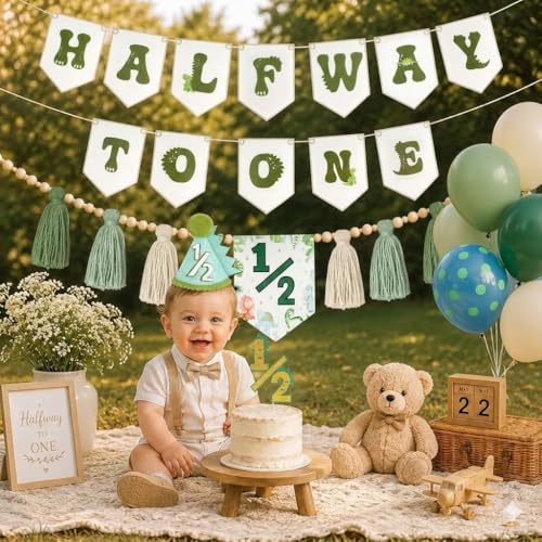 THAWAY 1/2 Birthday Dinosaur Half Birthday Decorations - Green It's My 1/2 Birth Banner Glitter Cake Topper Tassel Wood Bead High Chair Banner & Cone, Hat Halfway to One Party Supplies - color: Dinosaur Green