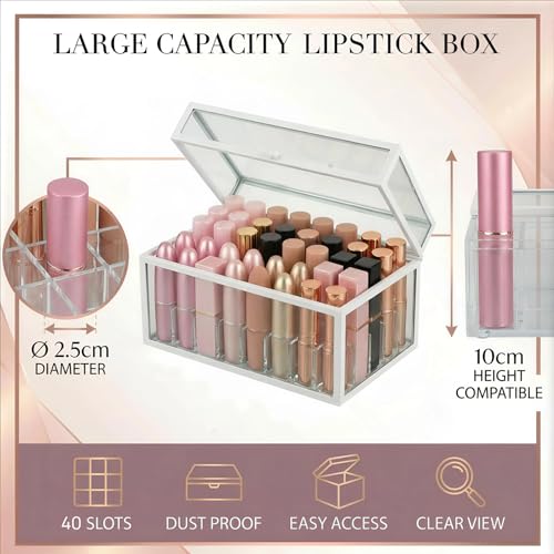 40 Lipsticks Organizer with Lid, Glass Display Box Fits Large Perfume & Skincare, Easy-Access Organiser for Vanity Countertop, Multifunctional Display Box in Any Rooms - color: white