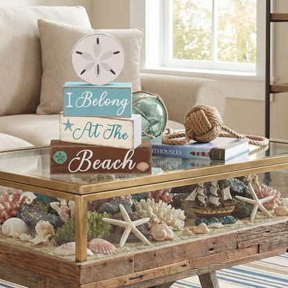 GlikCeil 4 Pcs Summer Sand Dollars Wooden Table Decorations Centerpieces Blocks Sand Dollars Summer Beach Tiered Tray Table Top Sign Decor for Office Dining Room Mantle Home Wood Party Supplies - style: Beach