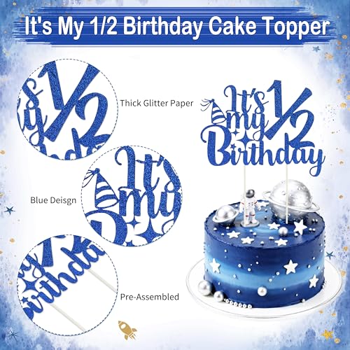1/2 Birthday Blue Half Birthday Decorations - Blue Star It's My 1/2 Birth Banner, Glitter Cake Topper Tassel Wood Bead High Chair Banner & Crown, Hat Halfway to One Boy Girl Party Supplies - color: Star Blue