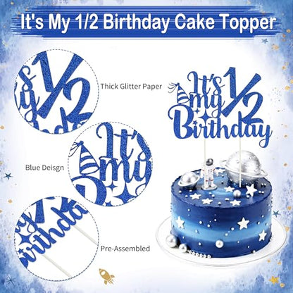 1/2 Birthday Blue Half Birthday Decorations - Blue Star It's My 1/2 Birth Banner, Glitter Cake Topper Tassel Wood Bead High Chair Banner & Crown, Hat Halfway to One Boy Girl Party Supplies - color: Star Blue