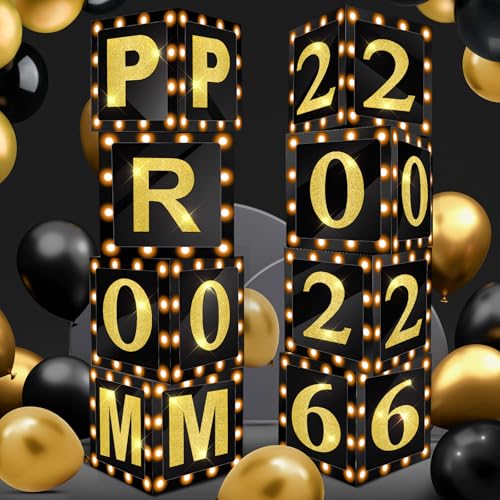 Sinmoe 8 Pcs 2026 Prom Graduation Boxes Decoration Photo Booth Border Lighting 12'' Column Standup with 2026 Prom Letters Graduation Props Backdrop Decor for Party Supplies(Black and Gold) - color: Black and Gold