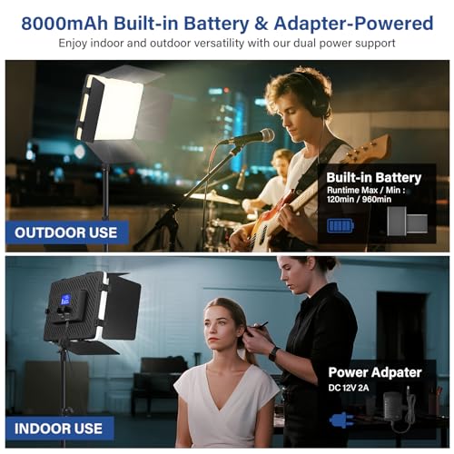 2 Pack Led Video Light Kit with Stand, Kmasic Photography Light Panel Built-in 8000mAh & LCD Display, 2200Lux 2500K-8500K Soft Studio Light for Video Recording Game Live Streaming YouTube TikTok