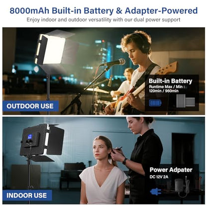 2 Pack Led Video Light Kit with Stand, Kmasic Photography Light Panel Built-in 8000mAh & LCD Display, 2200Lux 2500K-8500K Soft Studio Light for Video Recording Game Live Streaming YouTube TikTok