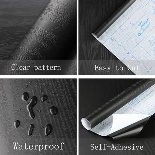 Heroad Peel and Stick Wallpaper 17.5" x 393" Wood Contact Paper Wood Wallpaper Black Wood Grain Contact Paper Thicken Textured for Cabinets and Drawers Countertops Waterproof Self Adhesive Vinyl - color: Black, size: 17.5" x 393"
