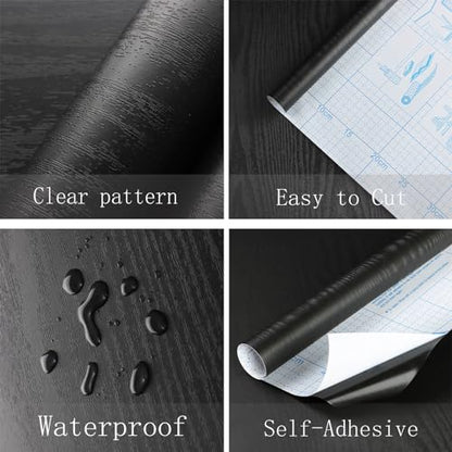 Heroad Peel and Stick Wallpaper 17.5" x 393" Wood Contact Paper Wood Wallpaper Black Wood Grain Contact Paper Thicken Textured for Cabinets and Drawers Countertops Waterproof Self Adhesive Vinyl - color: Black, size: 17.5" x 393"