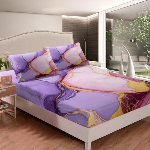 Marble Sheet Set - Pink Purple Gold Bed Sheets, Soft Modern Texture Pattern, Full Size 4-Piece Girly Bedding Set (1 Fitted Sheet, 1 Top Sheet, 2 Pillowcases) - color: Multi 01, size: Full