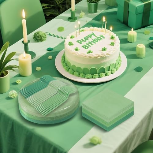 Serves 35 Guests Gradient Sage Green Plates and Napkins Party Supplies,7" Gradient Sage Green Birthday Dessert Paper Plates and Napkins,Disposable Party Dinnerware for Wedding,Graduation - color: Gradient Sage Green