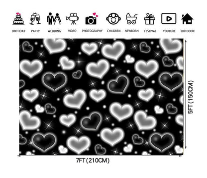 7X5ft Black White Heart Backdrop Aesthetic Love Photography Background Cute Hearts Pattern Photo Booth Banner for Valentine's Day Birthday Party Room Decoration - size: Black